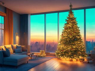 Modern Living Room Christmas Tree with Gifts