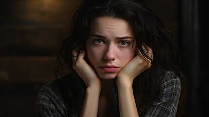 Fototapeta premium portrait of a sad, worried woman resting her head on her hands, isolated on black