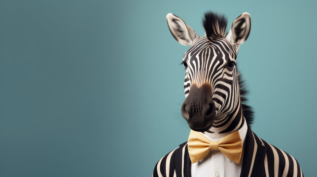 Zebra wearing bow tie and suit on blue background. Creative marketing campaign concept
