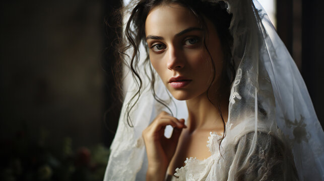 portrait of a sad and worried bride dressed in wedding dress with white veil