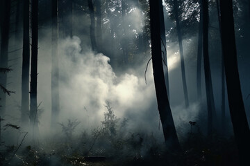 foggy and dark woods, mystery forest. Magical saturated foggy forest trees landscape. Generative AI