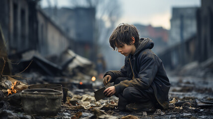 poor homeless child dressed in rags, squatting in the slums on a rainy, cold day