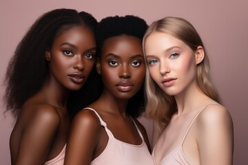 Portrait of three beautiful women with different skin tones on pink background