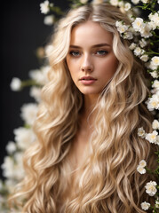 Naklejka premium Beautiful Blonde Woman with Long Curly Hair and White Flowers
