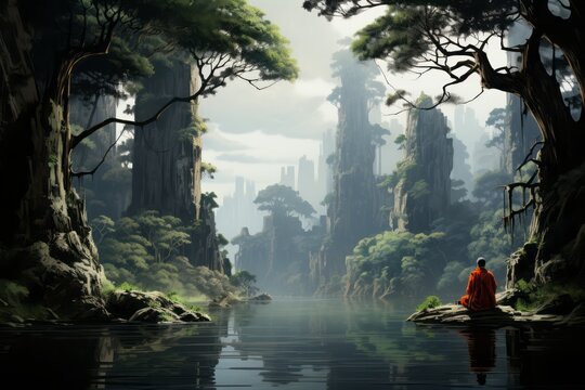 Man relaxing meditation with serene view lake landscape. Tibetan monk in the forest