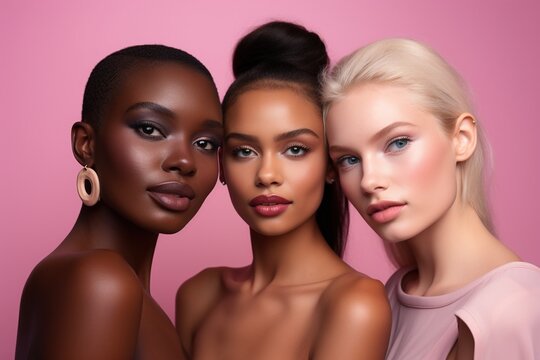 Portrait Of Three Beautiful Women With Different Skin Tones On Pink Background