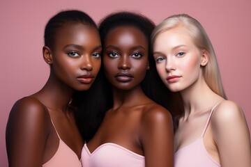 Obraz premium Portrait of three beautiful women with different skin tones on pink background