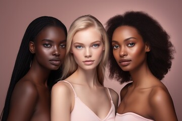 Portrait of three beautiful women with different skin tones on pink background