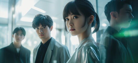 A group of asian college / university students or young employees. Hand edited generative AI