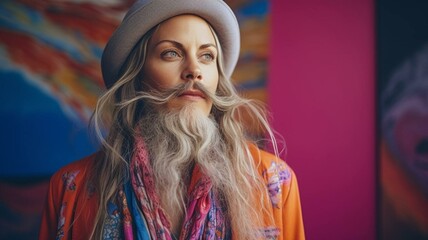 Bearded lady in a hat - obrazy, fototapety, plakaty