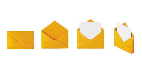 Render of an icon of a yellow open mail envelope, closed, and an envelope with a letter on an isolated white background. Front and isometric views. - obrazy, fototapety, plakaty