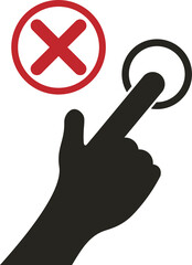 Isolated illustration of do not touch button, do not press switch or operate machine, man at work safety alert with red circle crossed out