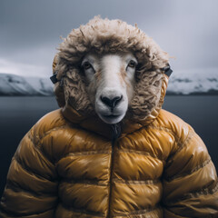 Fototapeta na wymiar Sheep in jacket on snow lake background. Creative marketing campaign concept
