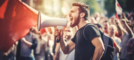 Man activists protesting with a megaphone during a strike. Group of protestors protesting on the street, anti-racism protests and unemployment - obrazy, fototapety, plakaty