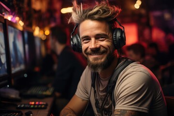 Obraz premium Caucasian Male Gamer Backdrop Hard Working Generative AI