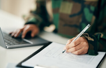 Sign, military or hands writing on application or contract, form document for war counselling....