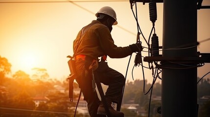 Electrical engineers climb electrical poles to inspect and repair electrical and industrial systems - obrazy, fototapety, plakaty