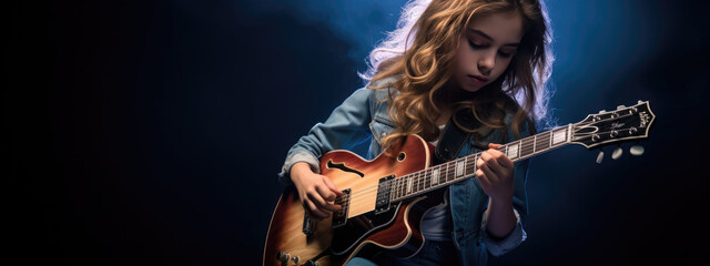 Teenage girl playing guitar on dark background