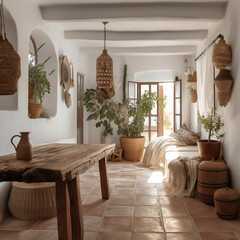 Mediterranean home interior, natural wood and terracotta rustic decor, boho chic style - 646836202