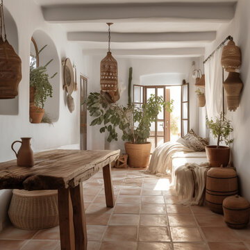 Mediterranean home interior, natural wood and terracotta rustic decor, boho chic style