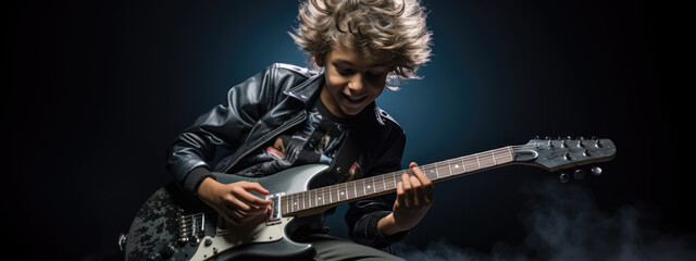 Fototapeta premium Teenage boy playing guitar on dark background