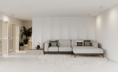 Naklejka na ściany i meble 3d rendering of modern living room with grey sofa and palms in pots, decorative wall with embossed panels, carpet on concret floor. Frame mockup 