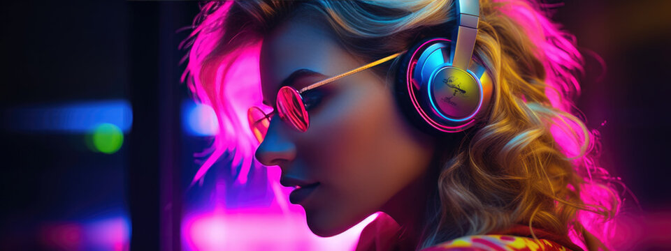 Young woman in neon lights wearing headphones listening to her favorite music.