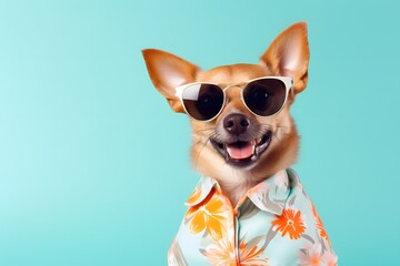 Cute dog wear sunglasses and shirt in summer background.