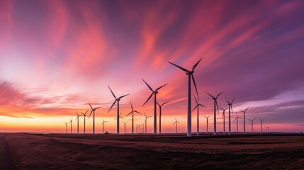 Dynamic shot of wind turbines in a row against a captivating sunset sky with vibrant shades of orange, pink, and purple. Spinning blades create motion blur, symbolizing renewable energy and clean pow - obrazy, fototapety, plakaty