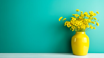 Vase mitBlumen auf einem Tisch in der Nähe einer leeren Wand. Home interior background with copy space. Generiert mit KI