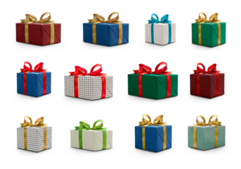 A collection of red, blue  and green gift wrapped Christmas, birthday or valentines presents with red and gold ribbon bows isolated against a transparent background.