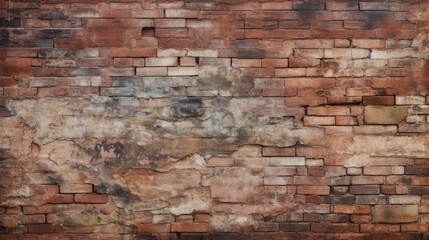 Weathered brick wall close-up with color variation, worn appearance, cracks, moss, and intricate texture. Aged brickwork with weathered surface and worn look.
