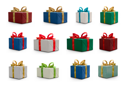 A collection of red, blue  and green gift wrapped Christmas, birthday or valentines presents with red and gold ribbon bows isolated against a transparent background.