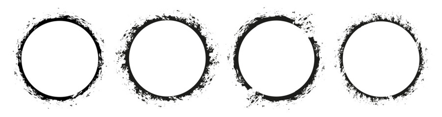 Obraz premium Set of round frames in grunge style. Empty black circle borders. A mess of ink strokes. Black frames on a white background. Design elements for photo, banner, postcard, story.