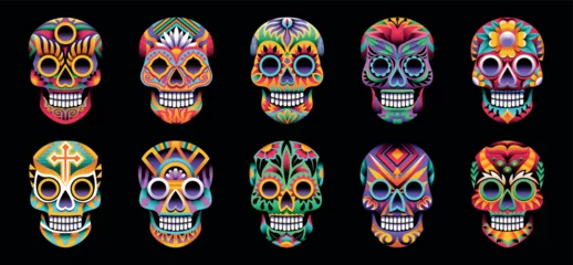 Photo sur Aluminium Crâne Colorful Mexican Sugar Skulls Calaveras Set