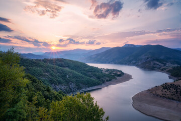 Panoramic sunset view with one of most picturesque meander of Arda river near Kardzhali, Rodopi...