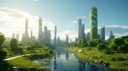 Obraz premium science fiction cityscape, green eco city concept, futuristic high-tech city with advanced infrastructure