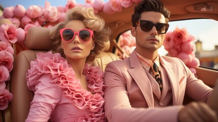 Man and a woman are sitting in a car, man wears pink suit and orange tie and woman wears pink dress and pink glasses.