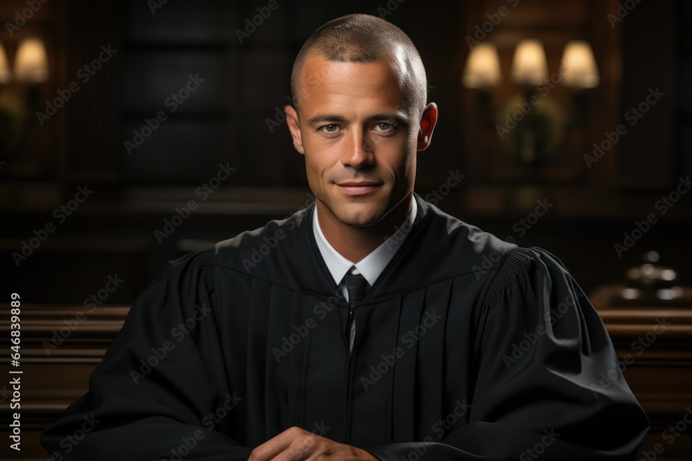 Poster caucasian man judge backdrop scene handsome generative ai