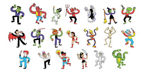 vector cartoon halloween costume characters set illustration isolated