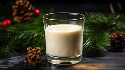 Image of homemade delicious eggnog with cinnamon in glass on wooden table.