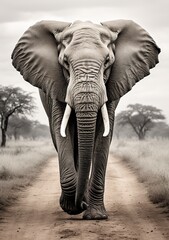 a powerful elephant on a gray natural background walks forward