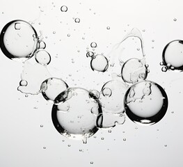 Large and transparent water bubbles float on a white background - obrazy, fototapety, plakaty