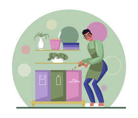 Cook in apron throws out organic garbage. Waste sorting concept. Recycling of organic products concept. Green environment, eco lifestyle. Vector illustration in green colors