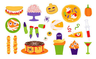 Zombie food. Dish for Halloween, weird food. Scary Halloween meal. Mummy hot dogs, cupcake with monster eyes, witch finger cookies, vampire sweets, pizza, bloody Mary cocktail.