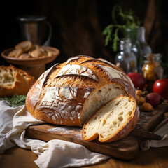 Delicioous sourdough bread, cinematic, elegant and dramatic. Made with generative ai