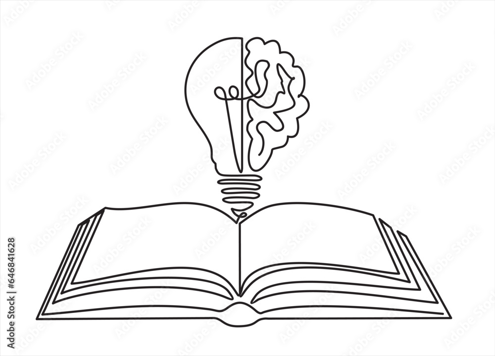 Poster one single line drawing of shining light bulb with human brain above open text book logo identity. c