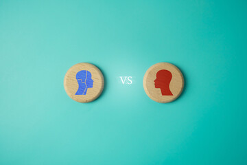 Round wooden stick with man vs robot icon on blue background, human vs robot fight concept