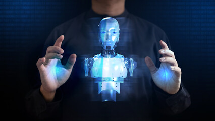 Man's hand is using hologram control to command or inspect robot, futuristic concept.