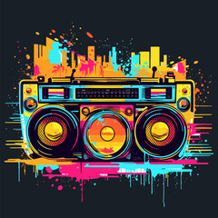 Portable cassette retro player boombox in abstract graffiti style with brush strokes and paint splatters. Colorful vector illustration, isolated on background. © Mariia